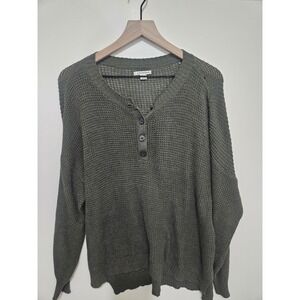 American Eagle Henley Sweater Womens Medium Olive Green Waffle Knit Long Sleeve